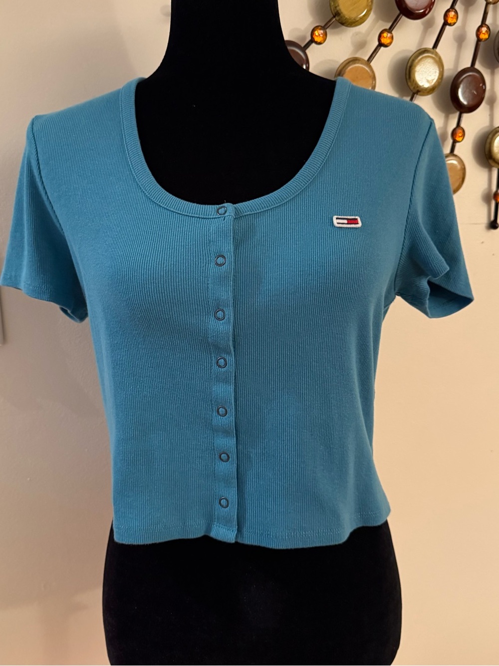 Tommy Hilfiger Teal Ribbed Snap-Front Crop Top